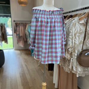 Kate Spade ♠️ Summer Gingham Check Off the Shoulder Top, XL, EUC, Blue/Pink